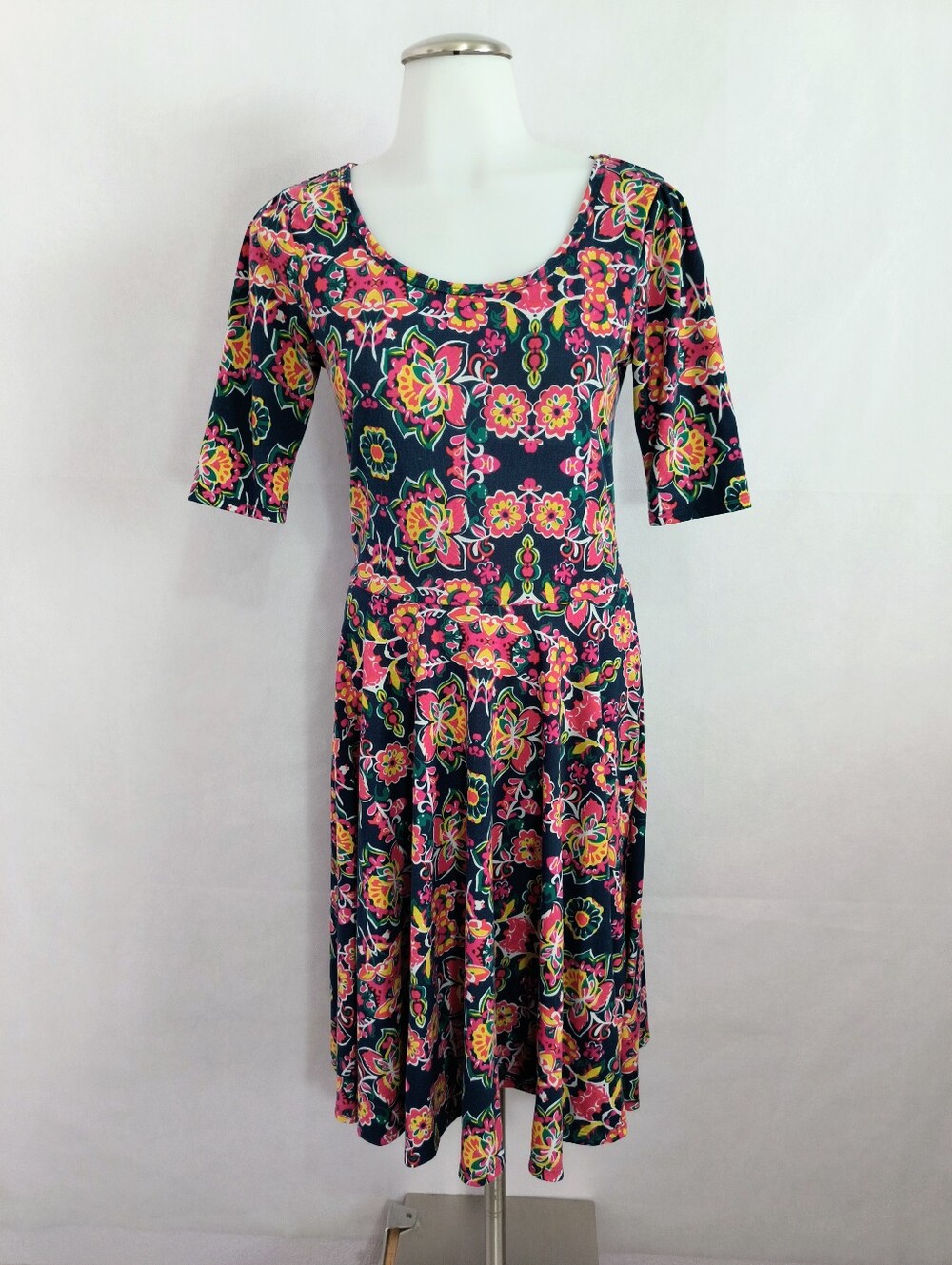 LuLaRoe Floral Scoop Neck Midi Dress - Navy with Pink & Yellow